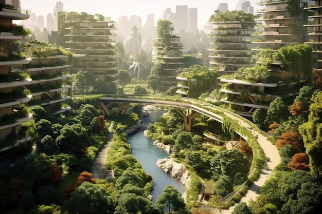 Photo concept écologique de ville verte moderne futuriste gratte-ciel et routes pleines de verdure et plantes arbres infrastructure urbaine écologique air pur illustration