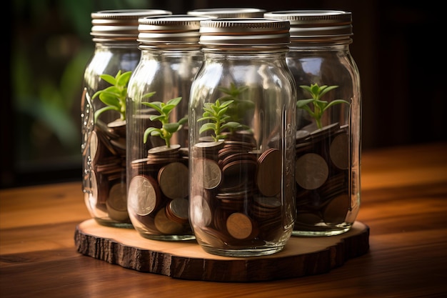 Photo concept d'économie d'argent billets de dollar dans un pot de verre sur fond de bois symbole financier et d'investissement