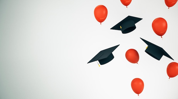 Concept éducatif avec des casquettes de diplôme noires volantes et des ballons rouges avec un espace blanc pour votre logo Rendering 3D