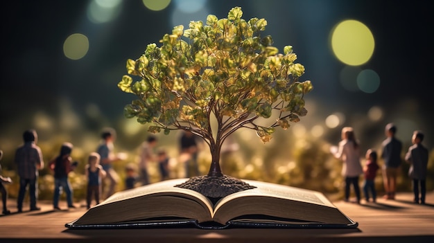 Photo concept éducatif de croissance d'un arbre de connaissance ouverture d'un ancien grand livre dans une bibliothèque et utilisation d'un manuel ia générative