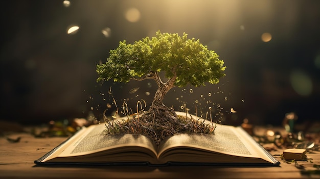 Concept éducatif de croissance d'un arbre de connaissance ouverture d'un ancien grand livre dans une bibliothèque et utilisation d'un manuel IA générative