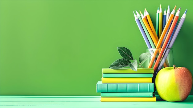 Concept éducatif dynamique avec des livres, des crayons et une pomme sur fond vert Idéal pour l'école et l'apprentissage Images de stock Prêtes AI