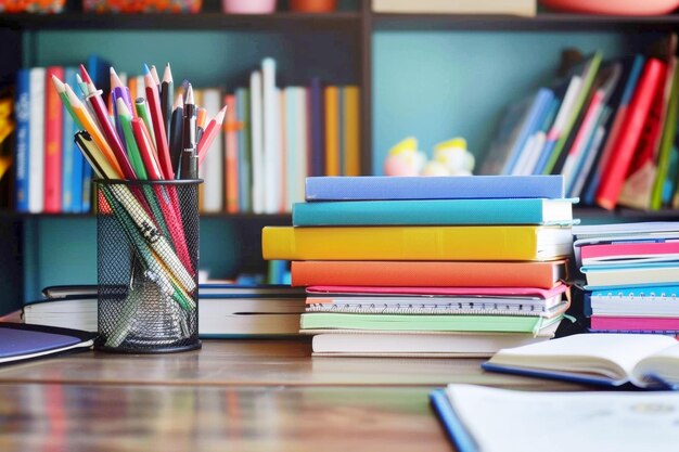 Concept éducatif avec une pile de livres sur une table en bois