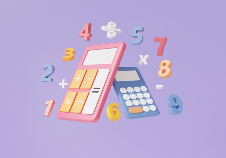 Concept d'éducation d'apprentissage mathématique de dessin animé minimal Calculatrice et symboles d'opérations mathématiques de base mathématiques plus moins nombre de multiplication diviser sur fond violet illustration de rendu 3d