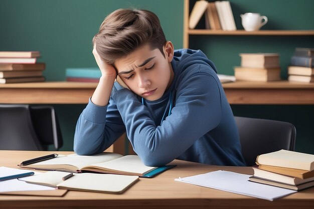 Concept d'éducation et d'apprentissage Portrait d'un étudiant fatigué et ennuyé assis à son bureau