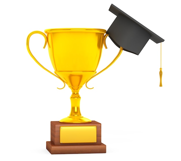 Concept d'éducation. Chapeau de remise des diplômes sur Golden Trophy sur fond blanc. Rendu 3D