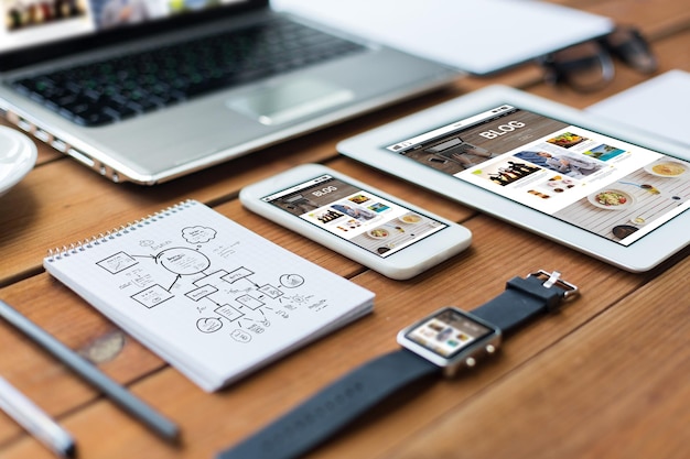 Photo concept d'éducation, d'entreprise et de technologie - gros plan sur un ordinateur portable, une tablette, un ordinateur portable et un smartphone sur une table en bois