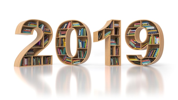 Photo concept d'éducation de la nouvelle année 2019 étagères avec des livres sous forme de texte 2019