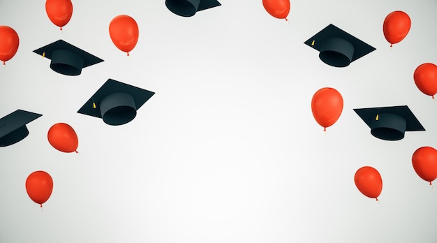 Concept d'éducation et d'obtention du diplôme avec des casquettes académiques noires volantes et des ballons rouges avec un espace blanc pour votre logo Rendering 3D