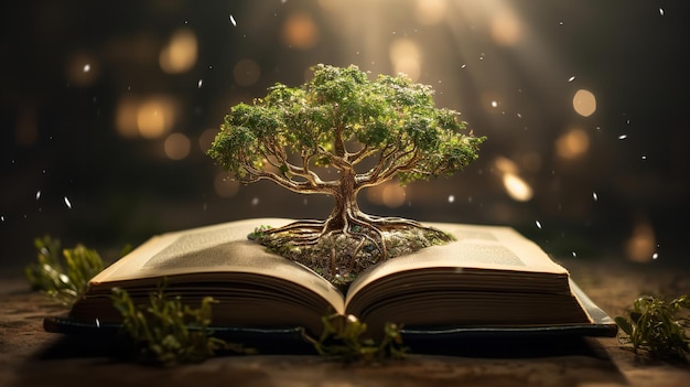 Concept d'éducation avec la plantation d'un arbre de la connaissance et l'ouverture d'un grand livre ancien dans une bibliothèque IA générative