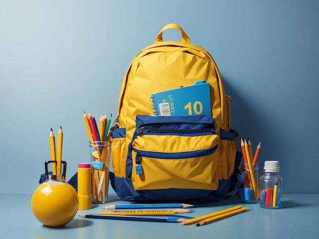 Concept d'éducation de retour à l'école avec sac à dos jaune et fournitures