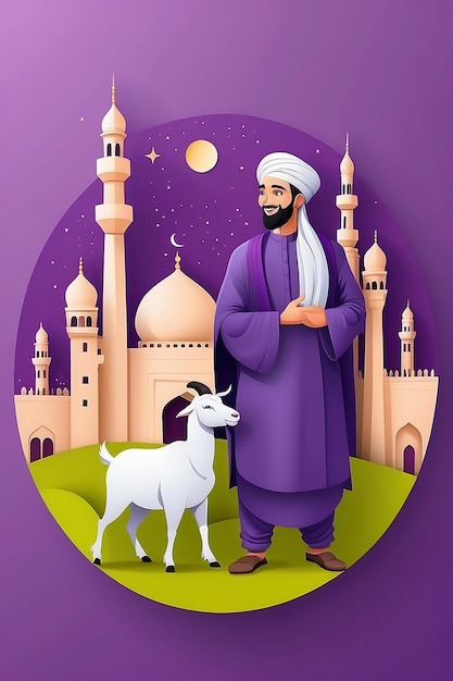 Concept d'EidalAdha Mubarak avec un homme musulman tenant une chèvre