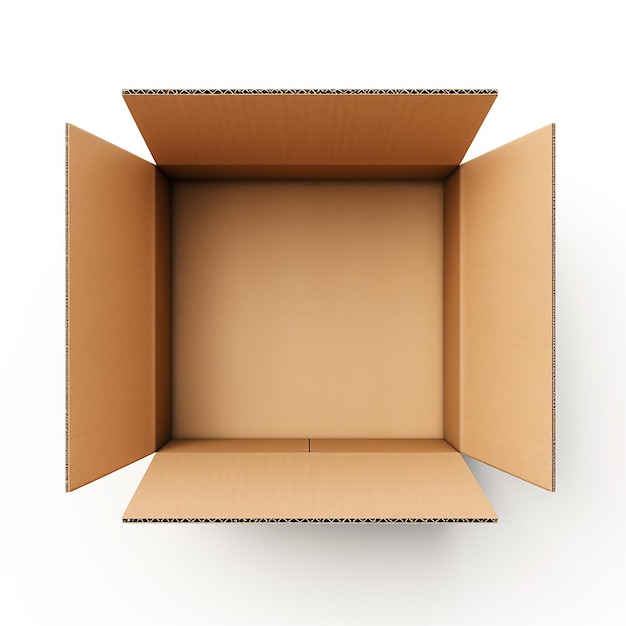 Concept d'emballage ouvert de boîte en carton vide isolée sur fond blanc