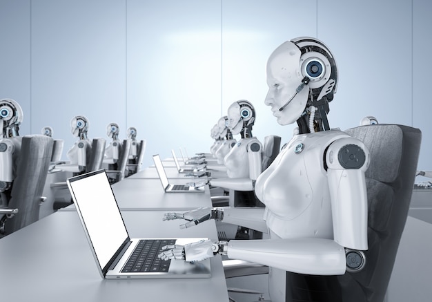 Concept d'employé de bureau d'automatisation groupe de rendu 3d de cyborgs ou de robots féminins travaillant sur un ordinateur portable