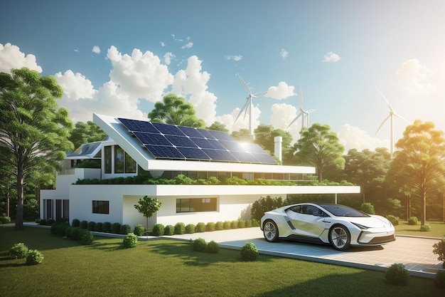 Concept d'énergie propre lors de la journée mondiale de l'environnement ou de la journée internationale maison blanche sur le toit avec des cellules solaires dans une forêt naturelle entourée d'arbres et de moulins à vent et de voitures électriques ev rendu 3d