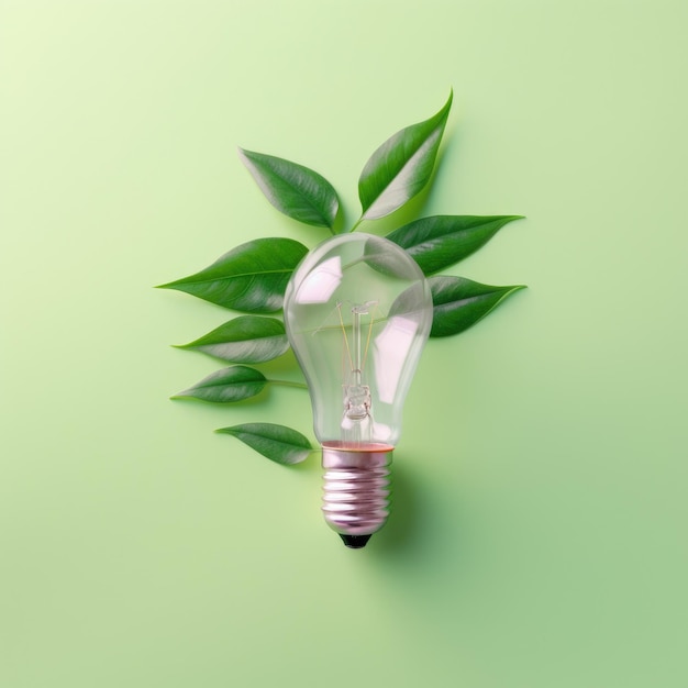 Concept d'énergie renouvelable et de mode de vie durable représenté par une vue de dessus d'une ampoule écologique faite de feuilles fraîches sur un fond de couleur pastel AI générative