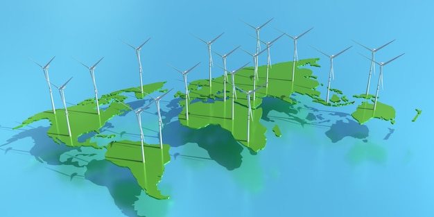Concept d'énergie verte. Éoliennes sur la carte du monde. Source d'énergie respectueuse de l'environnement. illustration 3D