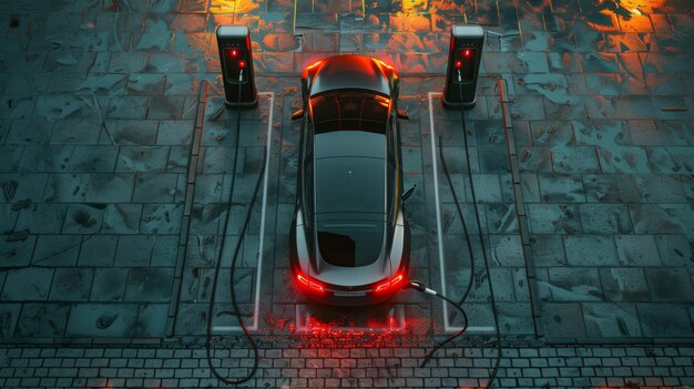 Concept d'énergie verte Voiture électrique chargée à une station de charge électrique Vue supérieure