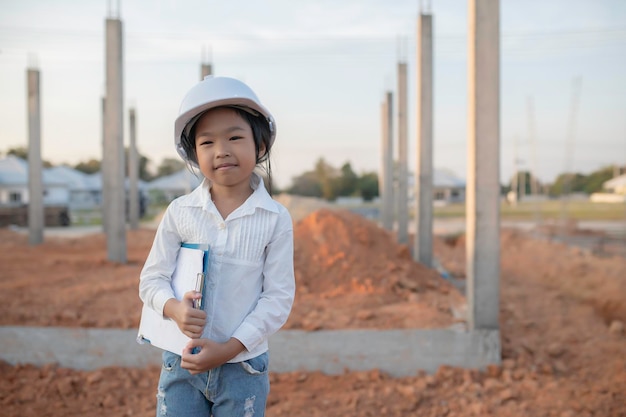 Concept d'enfant ingénieurUne petite fille asiatique porte un uniforme d'ingénieur travaillant sur le site de construction