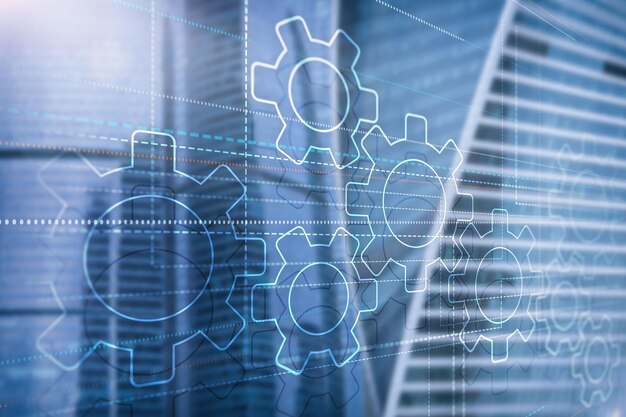 Concept d'engrenages sur les gratte-ciel modernes dans le quartier des affaires Universal Technology Background