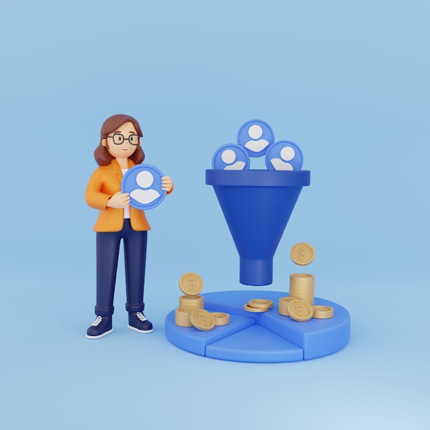 Concept d'entonnoir de vente avec une femme représentant les clients