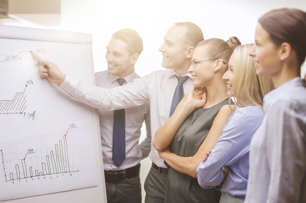 concept d'entreprise et de bureau - équipe d'affaires souriante avec des graphiques sur un tableau de bord ayant une discussion