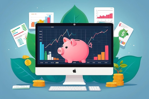 Photo concept d'entreprise de croissance de l'investissement et de la finance banque de cochons avec arbre de monnaie et graphique financier sur moniteur