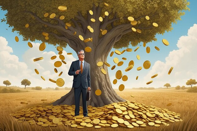 Concept d'entreprise de croissance d'investissement et de finance Homme d'affaires mettant une pièce de monnaie dans un pot de fleurs et arrosant un arbre d'argent vert
