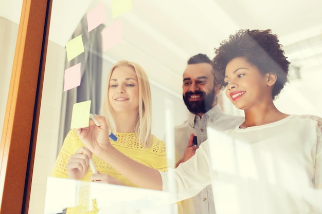 concept d'entreprise, de démarrage, de planification, de gestion et de personnes - équipe créative internationale heureuse écrivant sur des autocollants au tableau de verre de bureau