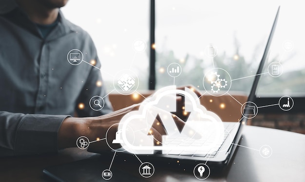 Concept d'entreprise futuriste Numérisation des doigts sur écran virtuel pour la gestion du changement de transformation numérique Big Data Analytics AI Cloud Computing