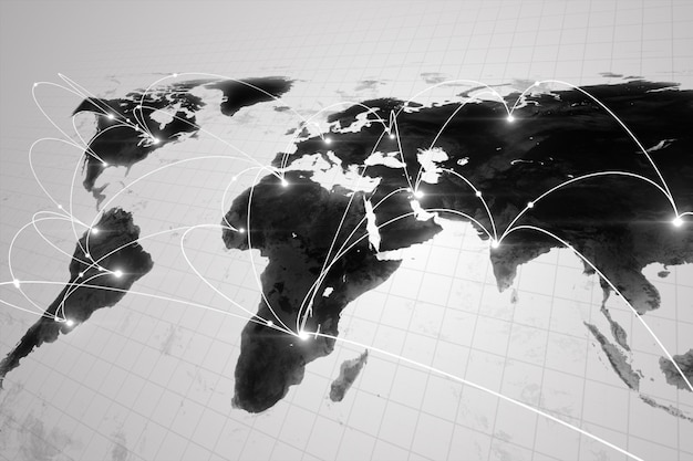 Concept d'entreprise mondiale de connexions et de transfert d'informations dans le monde en illustration 3d en noir et blanc