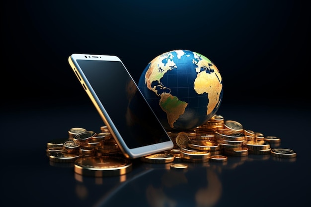 Photo concept d'entreprise mondiale smartphone avec une pile de pièces d'or et un globe terrestre
