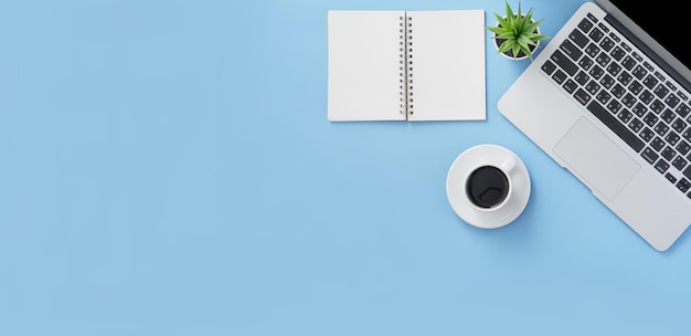 Photo concept d'entreprise relaxation dans le temps de travail boire du café faire une pause sur un bureau bleu clair propre espace de copie plat couché top view maquette