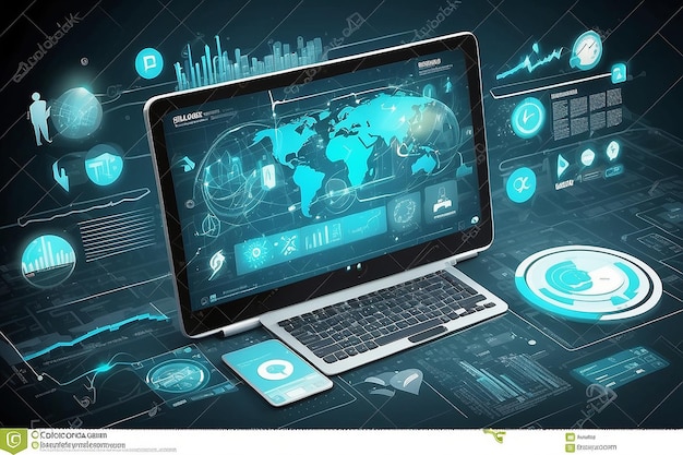 Concept d'entreprise et de technologie Icons diagrammes et graphiques arrière-plan sur l'écran virtuel