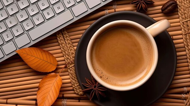 concept d'entreprise vue de dessus photo d'une petite tasse de café clavier de souris d'ordinateur mini citrouille