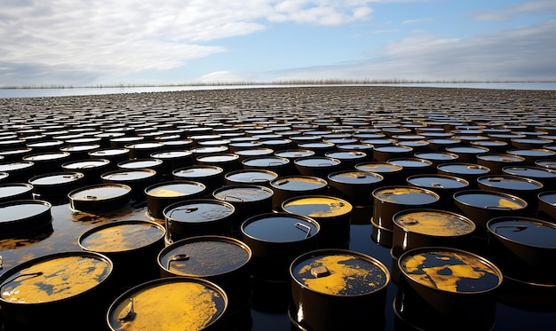 Concept d'environnement des barils de pétrole flottant dans une mer de pétrole brut noir