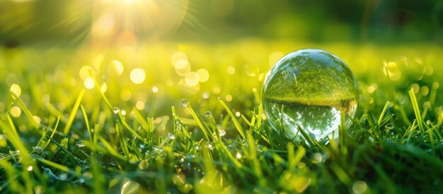 Concept environnemental une boule de verre transparente sur de l'herbe verte Image générée par l'IA