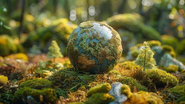 Concept environnemental globe sur la mousse dans la forêt