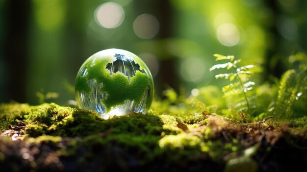 Photo concept environnemental sur la mousse du globe dans la forêt