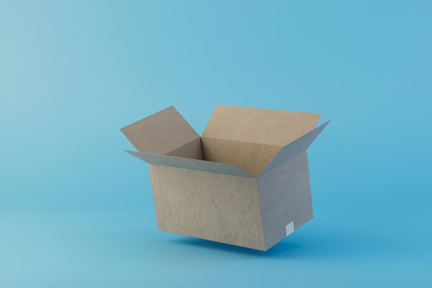 Le concept d'envoyer des choses ouvrir une boîte en carton sur un rendu 3D de fond bleu