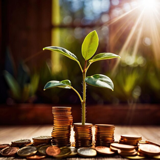 Photo concept d'épargne financière pour les actifs de fortune représenté par une plante qui pousse à partir d'une pile de pièces de monnaie