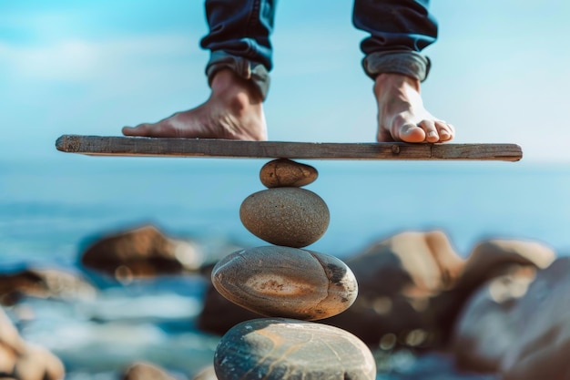 Photo concept d'équilibre entre la vie professionnelle et la vie personnelle équilibre des roches sur une échelle d'équilibre ia générative