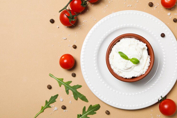 Photo concept d'espace de fromage ricotta produit laitier savoureux pour le texte