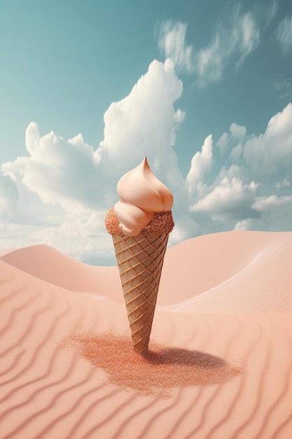 Un concept d'été esthétique minimal Cône de gaufre de crème glacée sur fond de désert et de ciel