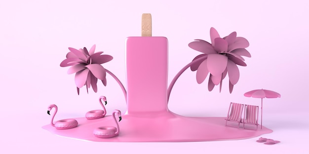 Concept d'été avec des flotteurs de flamants roses à la crème glacée aux fraises fondues et des chaises de plage Espace de copie