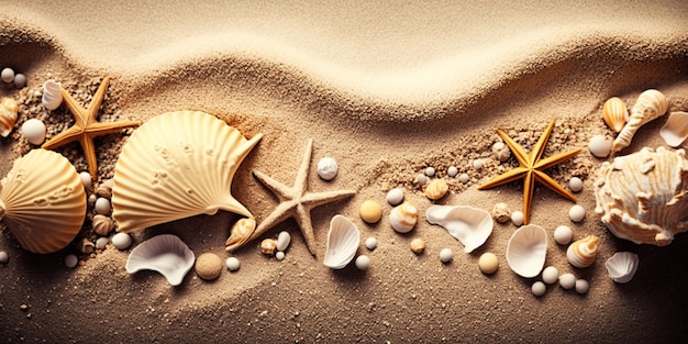 Photo concept d'été sur fond de plage de sable avec des coquillages