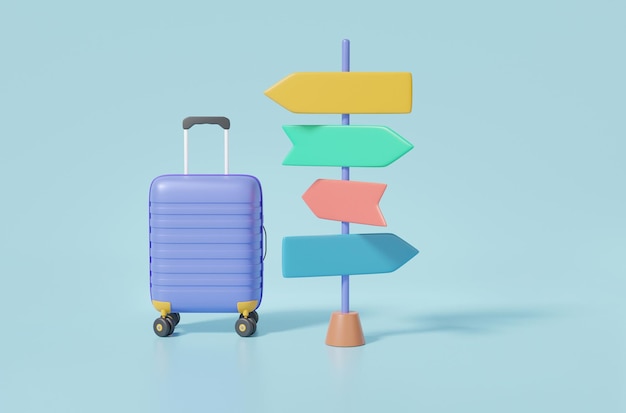 Concept d'été de vacances de tourisme de loisirs Valise violette et maquette de panneau de voyage sur fond bleu dessin animé isolé illustration de rendu 3d minimale