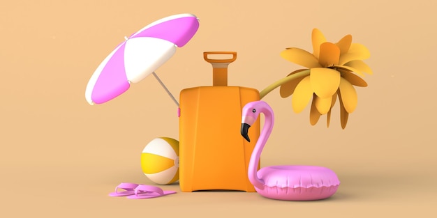 Photo concept d'été avec valise flamingo flotteur ballon de plage et tongs copie espace illustration 3d