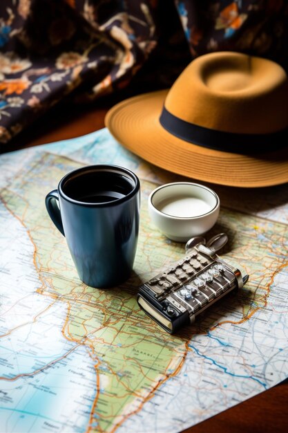 Photo concept d'été voyage vintage chapeau top voyage carte vacances voyageur vacances rétro