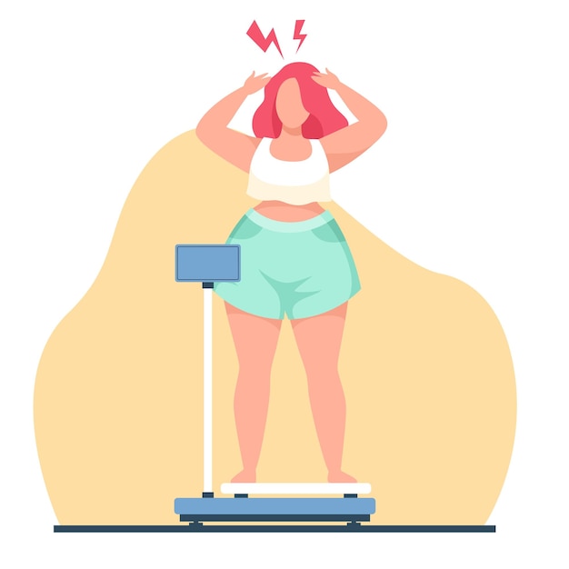 Le concept d'être en surpoids, une fille grosse, effrayée que l'échelle montre beaucoup de poids, se sentant stressée, un personnage adulte malade, malheureux, obèse, personnage de dessin animé, style plat, concept vectoriel isolé.